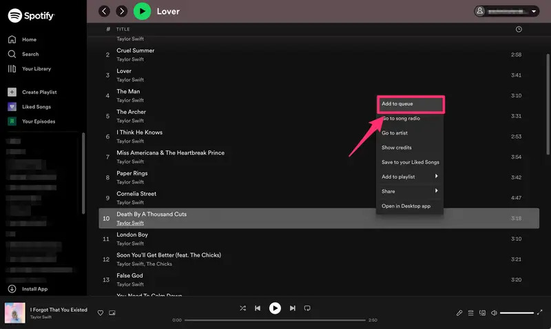 Adicionar faixas à fila do Spotify