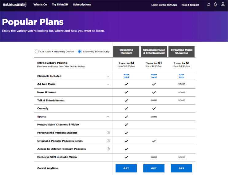 SiriusXM Plans And Pricing