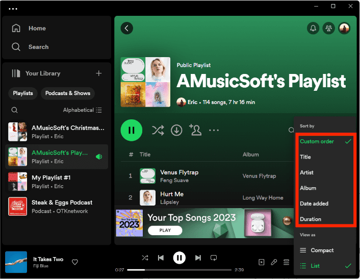 Modifica ordine brani Spotify sul desktop
