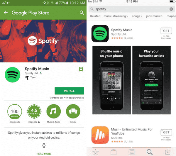 Aplicativo Spotify no Android e iOS