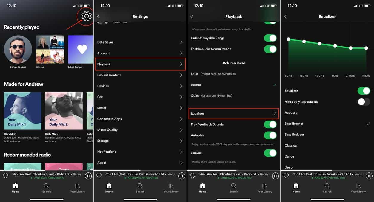 Configurações do equalizador Spotify para Android
