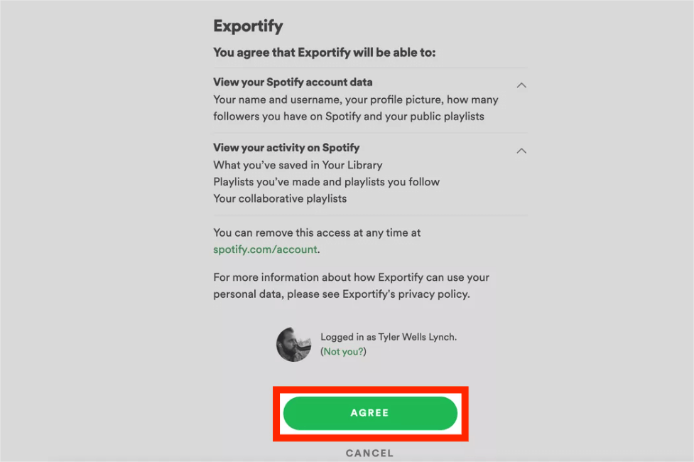 Termos de aceitação do Spotify Exportify