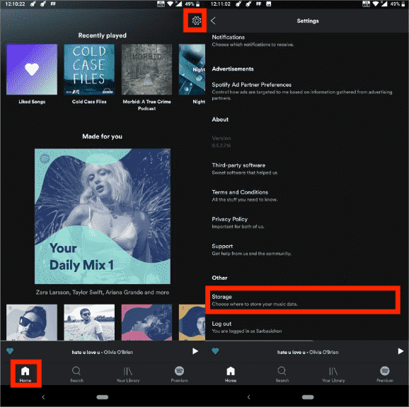 手机上的 Spotify 存储