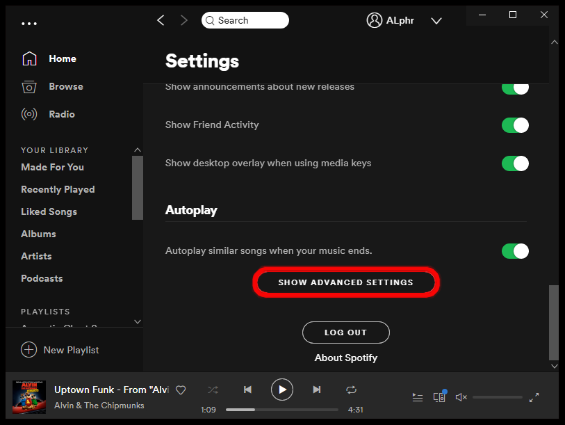 Spotify Mostrar configuraciones avanzadas