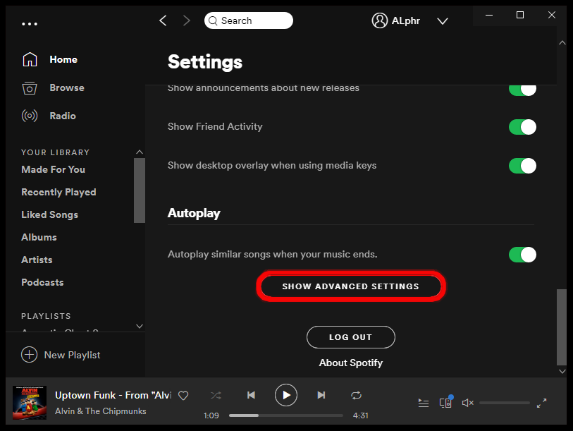 Spotify Pokaż ustawienia zaawansowane