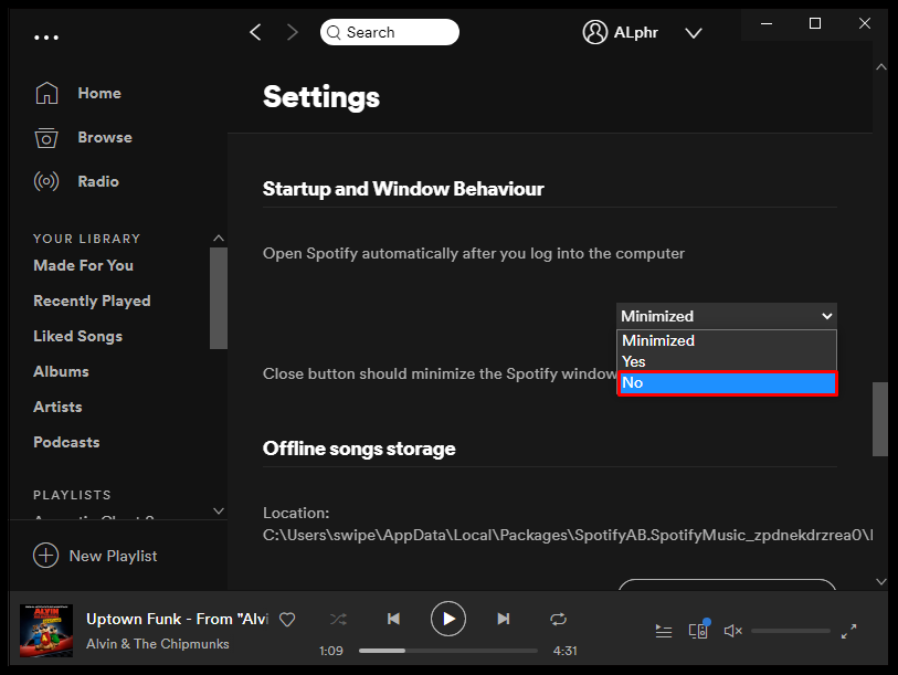 Comportamento de inicialização e janela do Spotify