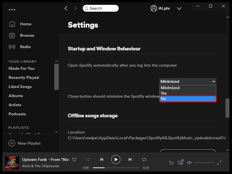 Spotify の起動とウィンドウの動作