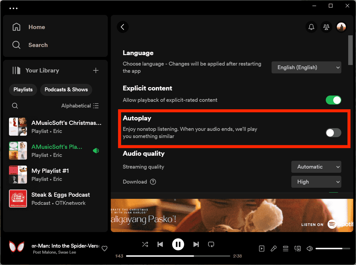 Schakel automatisch afspelen uit op Spotify Desktop