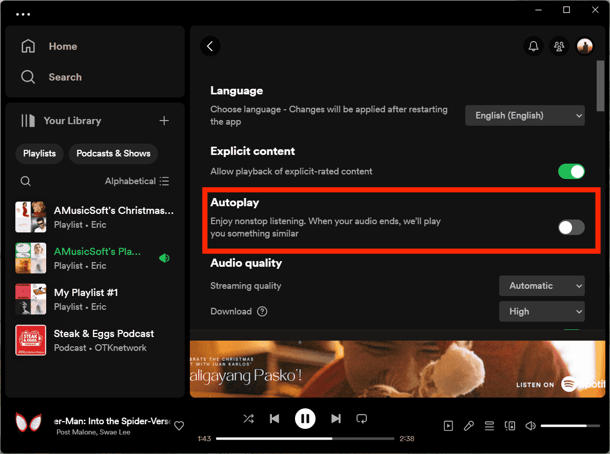 Schakel automatisch afspelen op Spotify uit