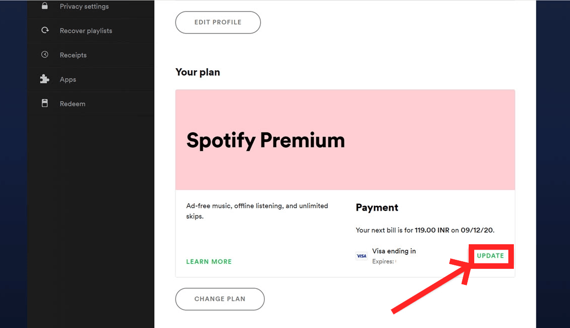 Configurações da conta no Spotify Web Player