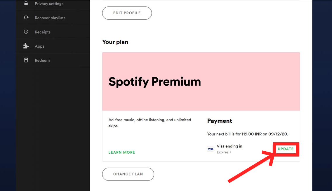 Accountinstellingen op Spotify Web Player