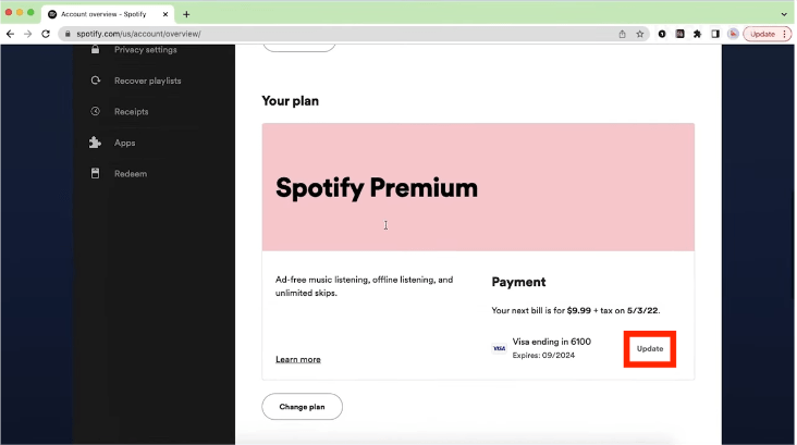 Mettre à jour le mode de paiement Spotify