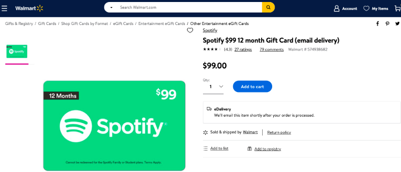 Премиальная подарочная карта Spotify на Walmart