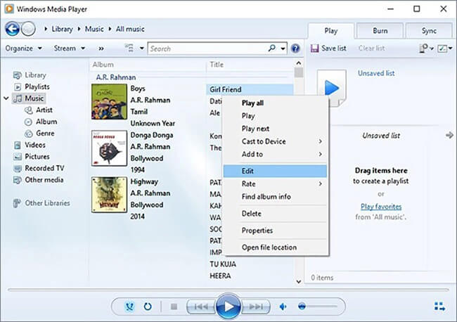 Choose Edit Windows Media Player