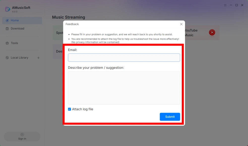 Send feedback in AMusicSoft Spotify Music Converter